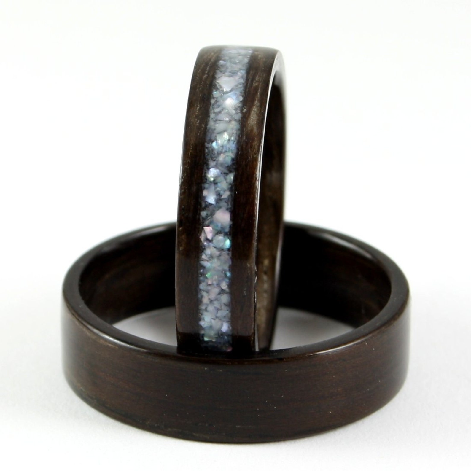 Wooden Wedding Ring Set Rosewood Wood Ring With Pearl Inlay Etsy