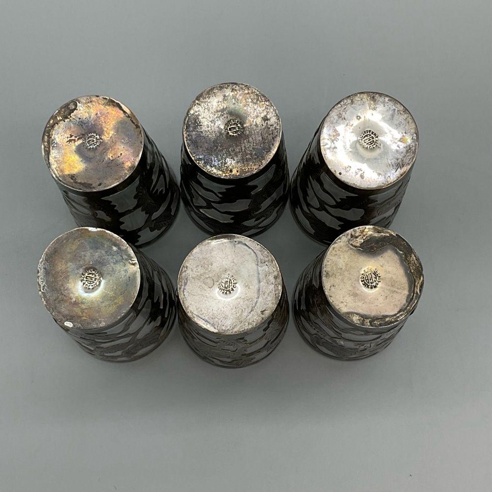 Hecho 1960年代 925シルバーエッチングオーバーレイショットグラス 6個