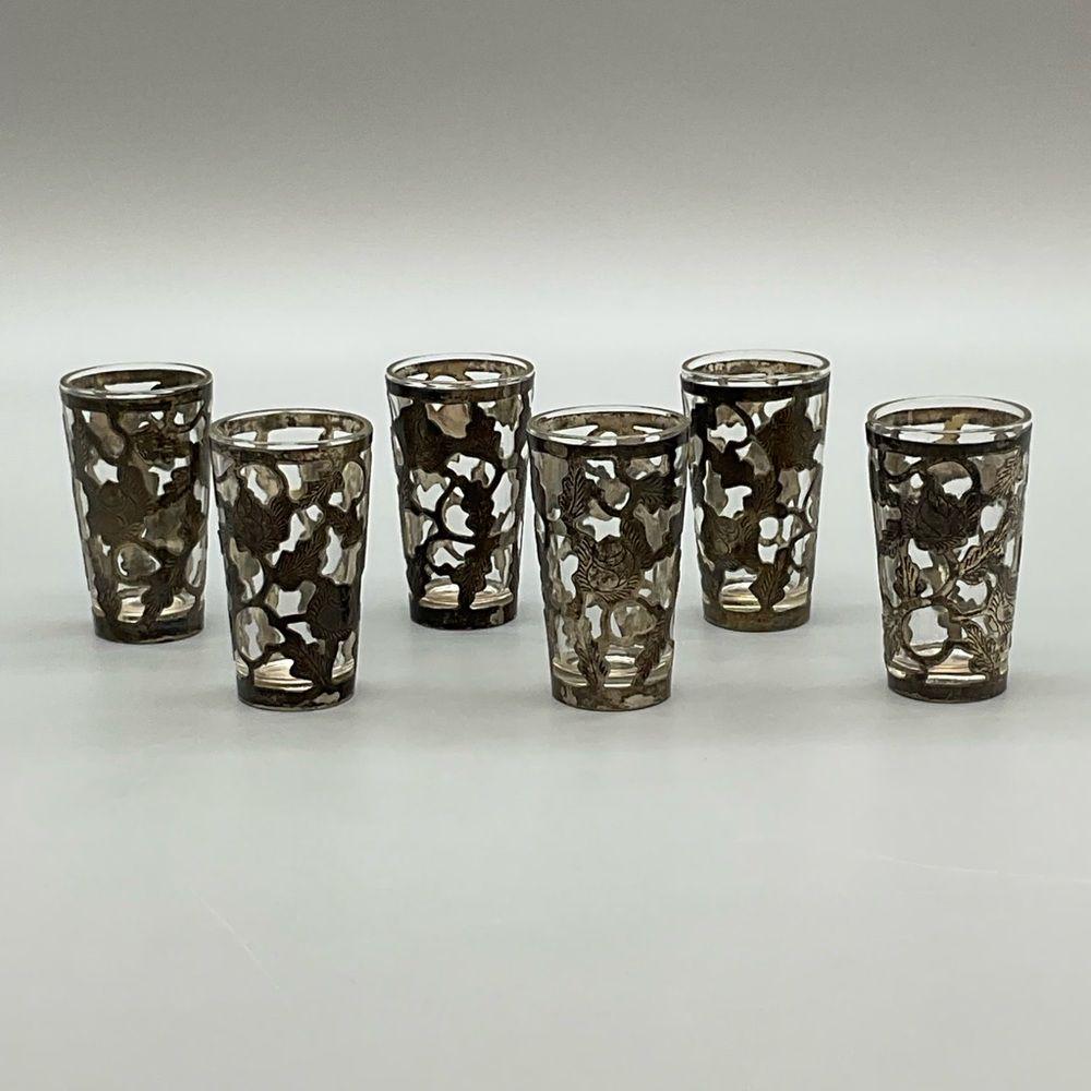 Hecho 1960年代 925シルバーエッチングオーバーレイショットグラス 6個