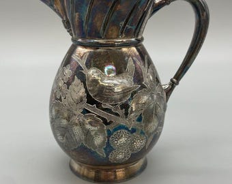 Antique Bird Foliage Etched Repousse Chasing Quadruple Silver Plate  Creamer Britannia Company