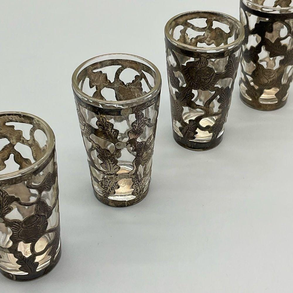 Hecho 1960年代 925シルバーエッチングオーバーレイショットグラス 6個