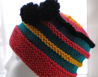 Knit Hat PATTERN with pom poms / Knit Scrap Yarn Hat pattern / Knit Beanie Hat pattern / Knit Cloche pattern / Knit Hat pattern