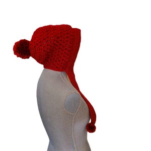 May include: Red crocheted hat with a long tail and two pom-poms. The hat is on a white mannequin.