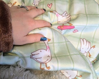 Silly Goose Plaid Sherpa Blanket | Pastel Green Goose Pattern, Cozy Throw