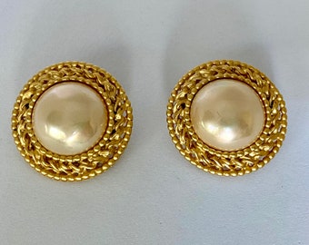 Vintage CAROLEE Signed Statement Gold Tone Rope Faux Pearl  Earrings