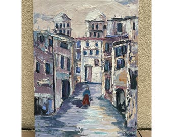 J.Berdau Greek? European City scape acrylic painting art on canvas circa 1990's