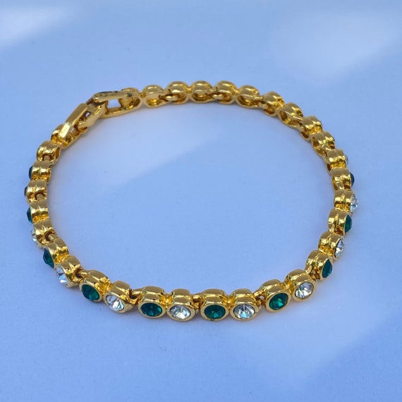 Vintage Unsigned Gold Tone and Green Rhinestone T… - image 2