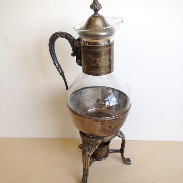 Vintage Silver Plated and Glass Coffee Tea Carafe Decanter with a Candle Warmer