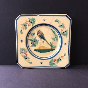 Henriot Quimper French Faience small square plate hand painted Bird dish