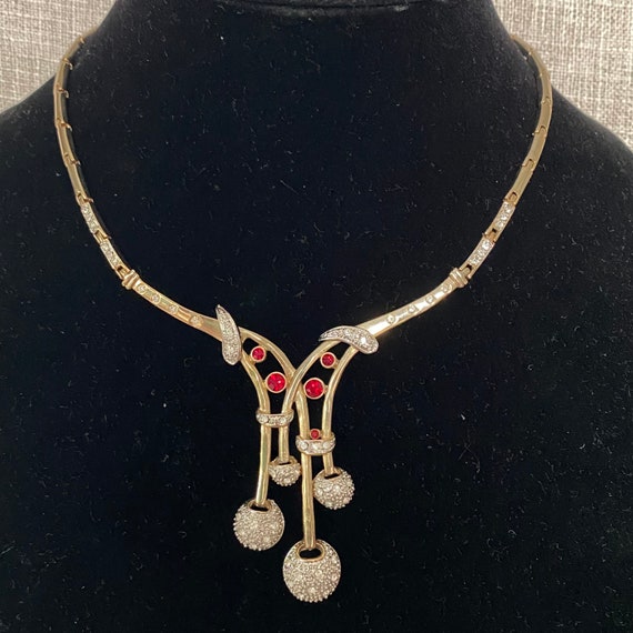 Vintage Overlaid Criss cross Gold Tone Drop Necklace Gem Vintage Overlaid Criss cross Gold Tone Drop Necklace Gem