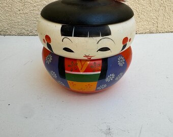 Kokeshi Bento Box, Vintage Japanese Plastic Geisha Stackable Bowls, Hand-Painted Face and Kimono