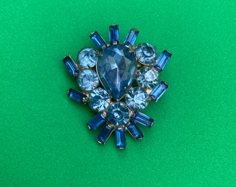Vintage Large Two Tone Blue Rhinestone Brooch