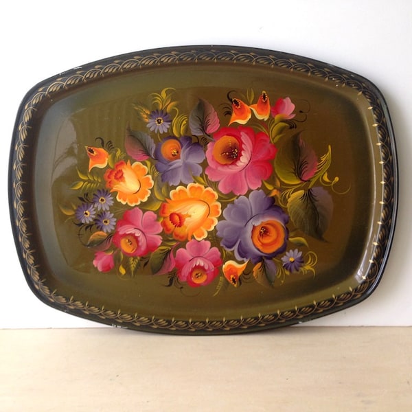 Russian Vintage Hand Painted Metal Tray Floral Painted Motif/ Country Kitchen Decor, Made in USSR in1970's
