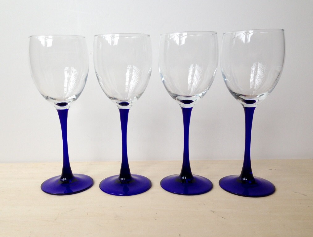 Set of 7 Vintage Luminarc White Wine Glasses Cobalt Blue Stem Etsy