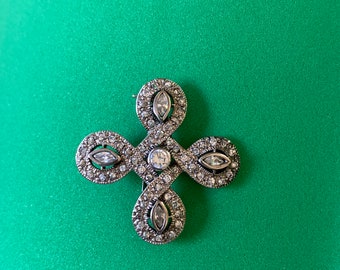 Vintage Silver Tone Metal & Clear Rhinestones Infinity Cross Brooch
