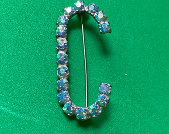Vintage C shaped Rainbow Rhinestone Brooch