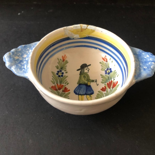 Henriot Quimper French Faience Lug Handle Bowl