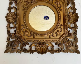 1980s Euromarchi Italian Ornate Baroque Style Golden Tuscan Square Frame Round Inset Wall Mirror, Italy