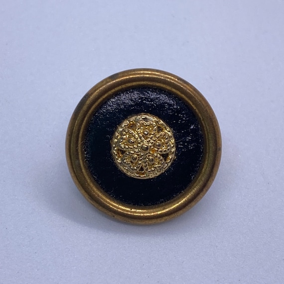 Vintage Black Leather & Gold Tone Round Button Cl… - image 2