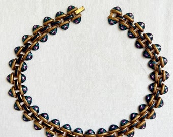 Vintage Gold brass Tone Link with painted flowers Necklace
