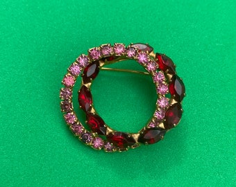 Vintage Pink and Ruby Rhinestone Interlocking Circle Infinity Statement Brooch