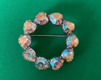 Vintage prong set aurora borealis heart shaped rhinestone wreath circle brooch