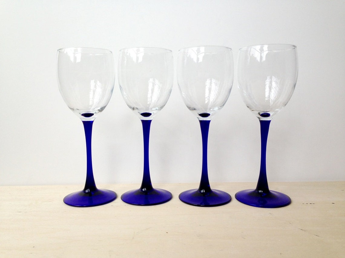 Set of 7 Vintage Luminarc White Wine Glasses Cobalt Blue Stem Etsy