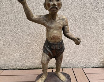 Vintage Asian Wood Carved Statue of a Man warrior