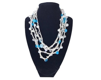 Crochet Beaded Turquoise & Pearl Necklace/Choker
