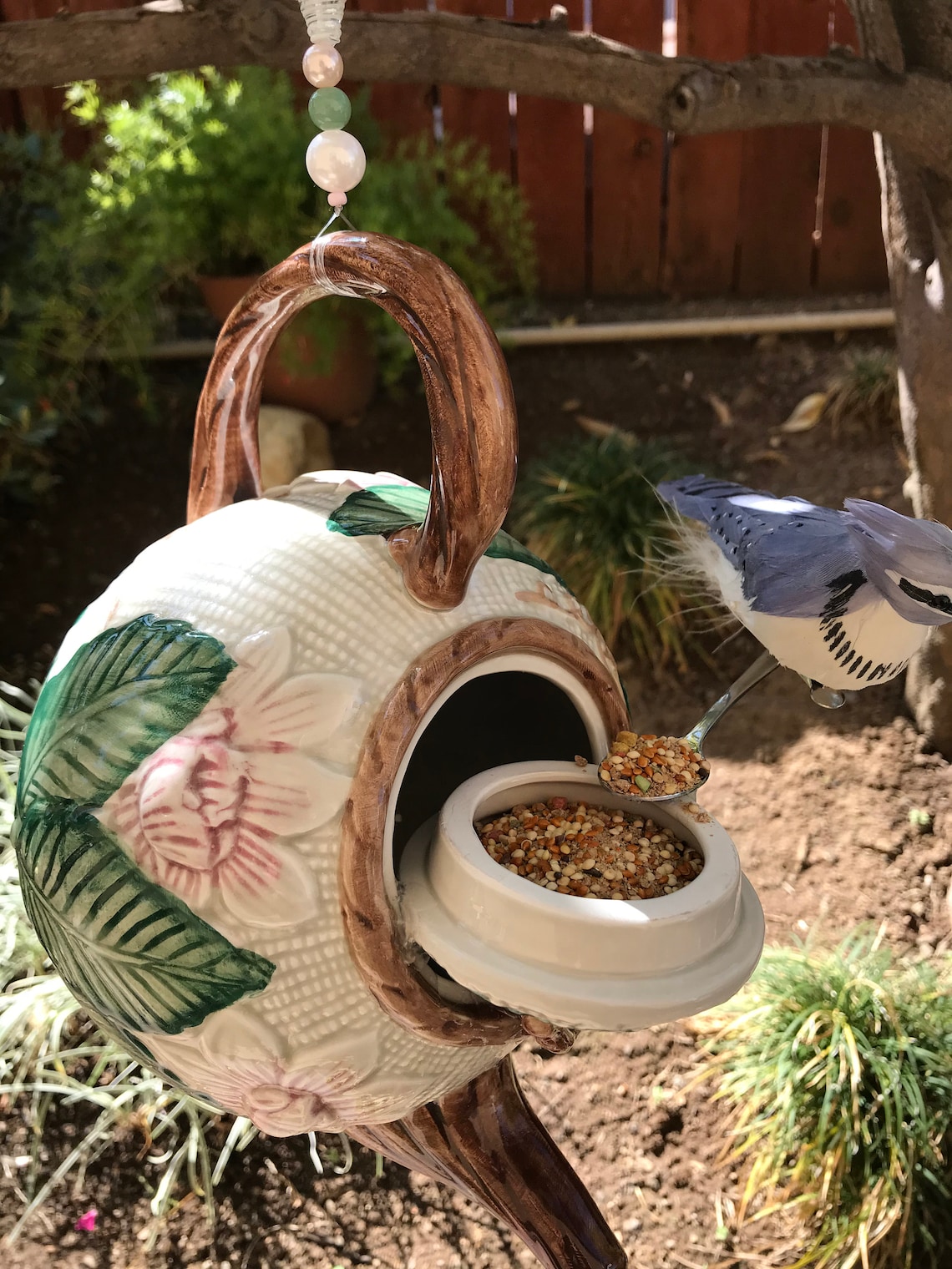 Hand Painted Teapot Bird Feeder Etsy