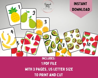 1-10 Educational Flash Cards with Fruit, Homeschool Printables, Counting, Numbers, Montessori