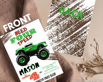 Monster Truck Need Four Speed Birthday Invitation - Green