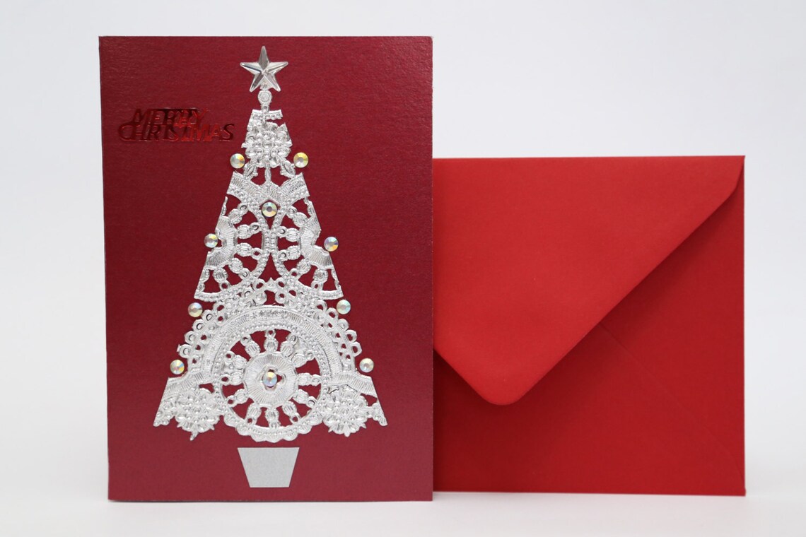 Handmade Silver Doily Christmas Tree Card Etsy UK