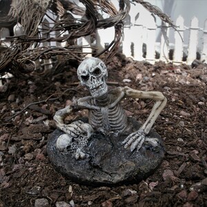 Peut inclure: Une figurine de squelette blanc est partiellement enterr&eacute;e dans la terre, les bras tendus et un cr&acirc;ne dans les mains. Le squelette est entour&eacute; de terre brune et de petites pierres.