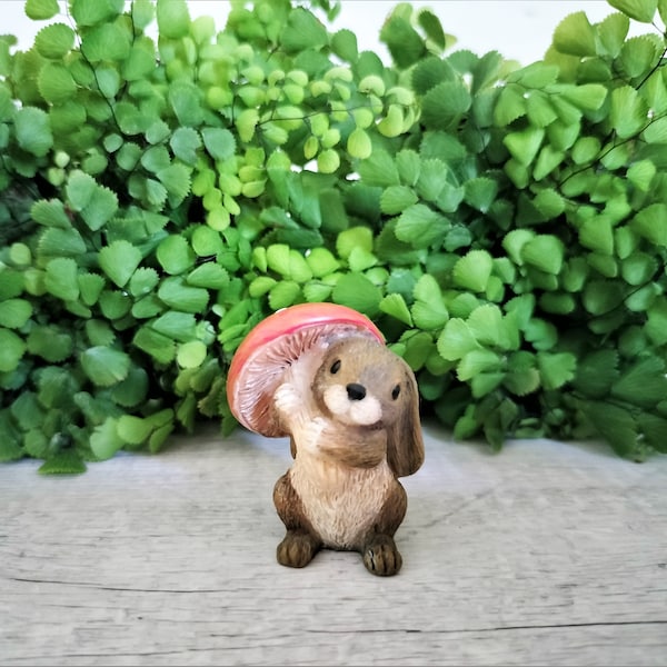 1 1/2" Mini Bunny & Mushroom Umbrella - Fairy Garden Bunny - Rabbit - Terrarium - Mini Garden - Figure - Figurine