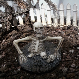 Peut inclure: Une figurine de squelette en plastique blanc est partiellement enterr&eacute;e dans la terre, les bras tendus. Le squelette est entour&eacute; de petites pierres et de terre. Une cl&ocirc;ture en bois blanc est visible en arri&egrave;re-plan.