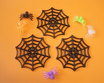 2" Black Spiderwebs & 1/2" Colorful Spiders - Fairy Garden - Mini Garden - Halloween Craft Supply - Decoration - Diorama - Glow in the Dark