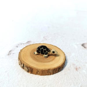 May include: A small ceramic turtle figurine with a black and white shell rests on a round wooden slice. The turtle has a light-colored body and is set against a white background.