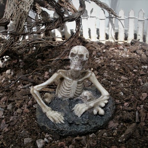Peut inclure: Une figurine de squelette en plastique blanc est assise dans un petit trou dans le sol. Le squelette tient un petit cr&acirc;ne dans sa main. Le sol est recouvert de paillis brun.