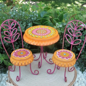 Boho Bottlecap Bistro - Fairy Furniture - Table - Chairs - Fairy Garden - Accessory - Miniature Gardening