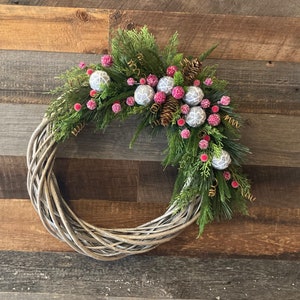 Winter Greenery Wreath for Front Door, Wreath with Berries and Pinecones, Winter Grapevine Wreath, Grey and Red wintery Wreath