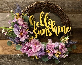 Purple Floral Hello Sunshine Grapevine Wreath for Front Door, Spring Grapevine Wreath, Summer Wreath, All Year Wreath, Hello Sunshine