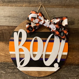 Boo Halloween Wreath Door Hanger, Halloween Wooden Door Sign, Door Hanger, Black orange and white Halloween Door hanger Wreath, BOO!