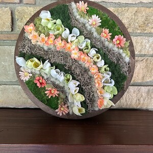 Moss Wall Art with Floral elements, Indoor Moss Wall hanging, Handmade Preserved Moss with faux Floral, Moss art for wall or mantle