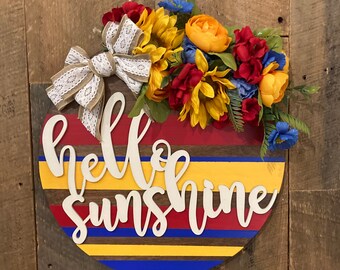 Hello Sunshine Door Hanger, Hello Sunshine Wreath, Summer Door Hanger, Primary Colors, Wooden Door Sign, Front Door Sign, Sunflowers, Summer
