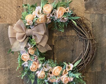 Peach Floral Grapevine Wreath for Front Door, Spring Grapevine Wreath, Summer Wreath, All Year Wreath, Burlap Bow Wreath, Ranunculus Floral