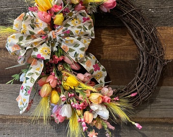 Pink yellow and white Tulip wreath for Spring and Summer, Grapevine Wreath with floral bow, pink and yellow faux floral wreath, think spring