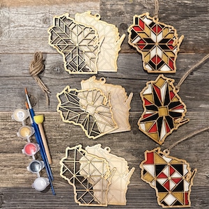 DIY Wisconsin Barn Quilt Pattern Ornaments Painting Kit, DIY Wisconsin, Paint at Home Kit, Gift for Her, Craft Kit for Kids, Gift for Him