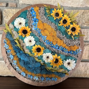 Moss Wall Art with Floral elements, Indoor Moss Wall hanging, Handmade Preserved Moss with faux Floral, Moss art for wall or mantle