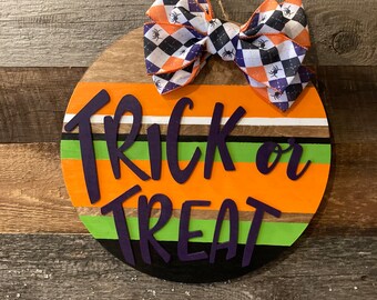 Trick or Treat Halloween Wreath Door Hanger, Halloween Wooden Door Sign, Door Hanger, Black orange and white Halloween Door hanger Wreath